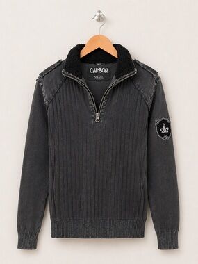 Carbon Quarter Zip Sweater Sherpa Collar Fleur-de-lis patch Arm Patches – Gray S